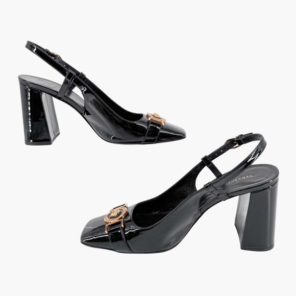 Versace Medusa Slingback Pumps Size 37 US 7 Black Patent Leather Block Heel - Picture 10 of 14